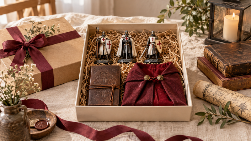 Caja de regalo con miniaturas de caballeros, cuaderno y capa burdeos_IA