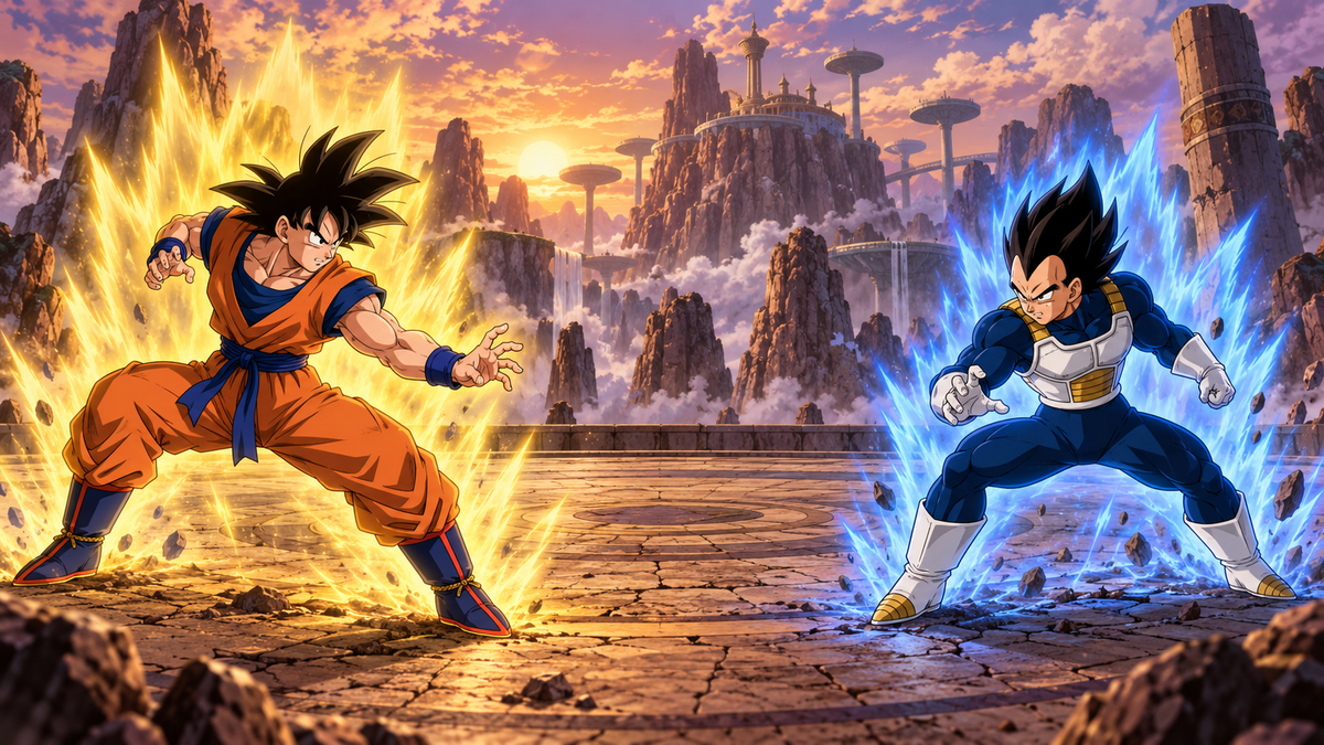 Goku y Vegeta frente a una arena de combate con auras de energía_IA