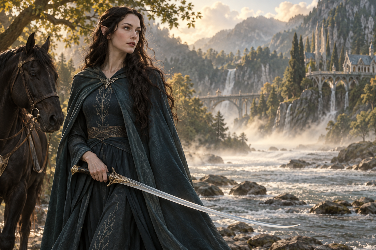 Ilustración de Arwen con una espada curva junto a un vado de la Tierra Media_IA