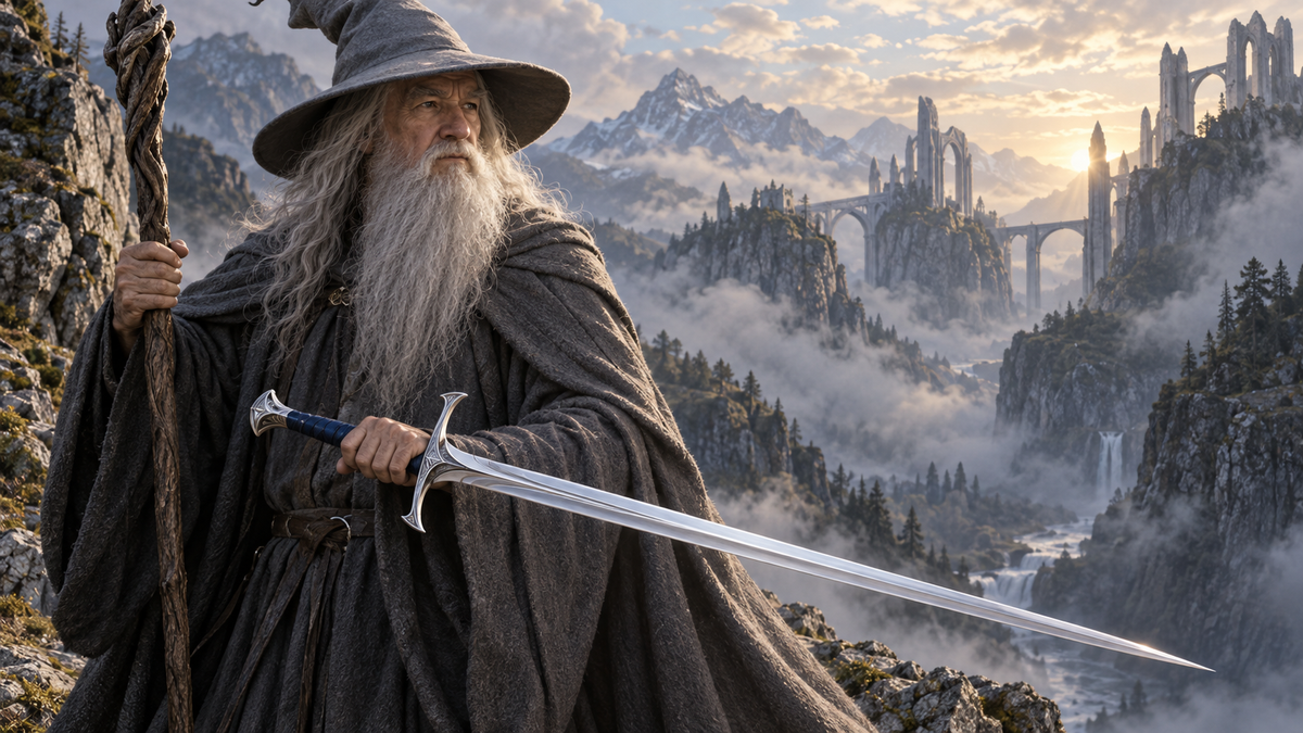 Gandalf el Gris con Glamdring y su bastón ante un paisaje montañoso_IA