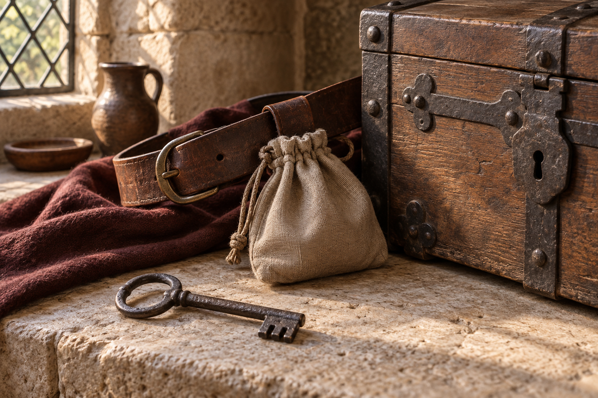 Llave de hierro, bolsa de tela y cinturón junto a un cofre de madera_IA