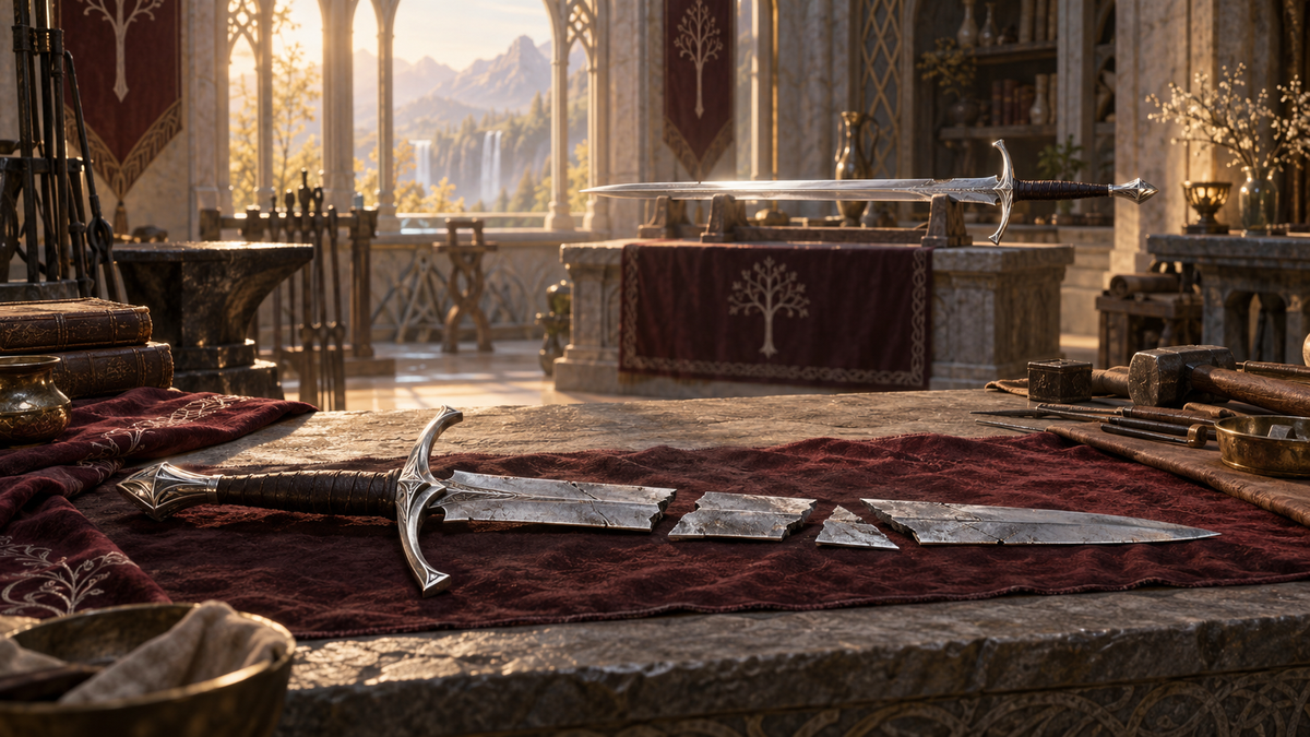 Ilustración de los fragmentos de Narsil y una espada reforjada en un taller élfico_IA