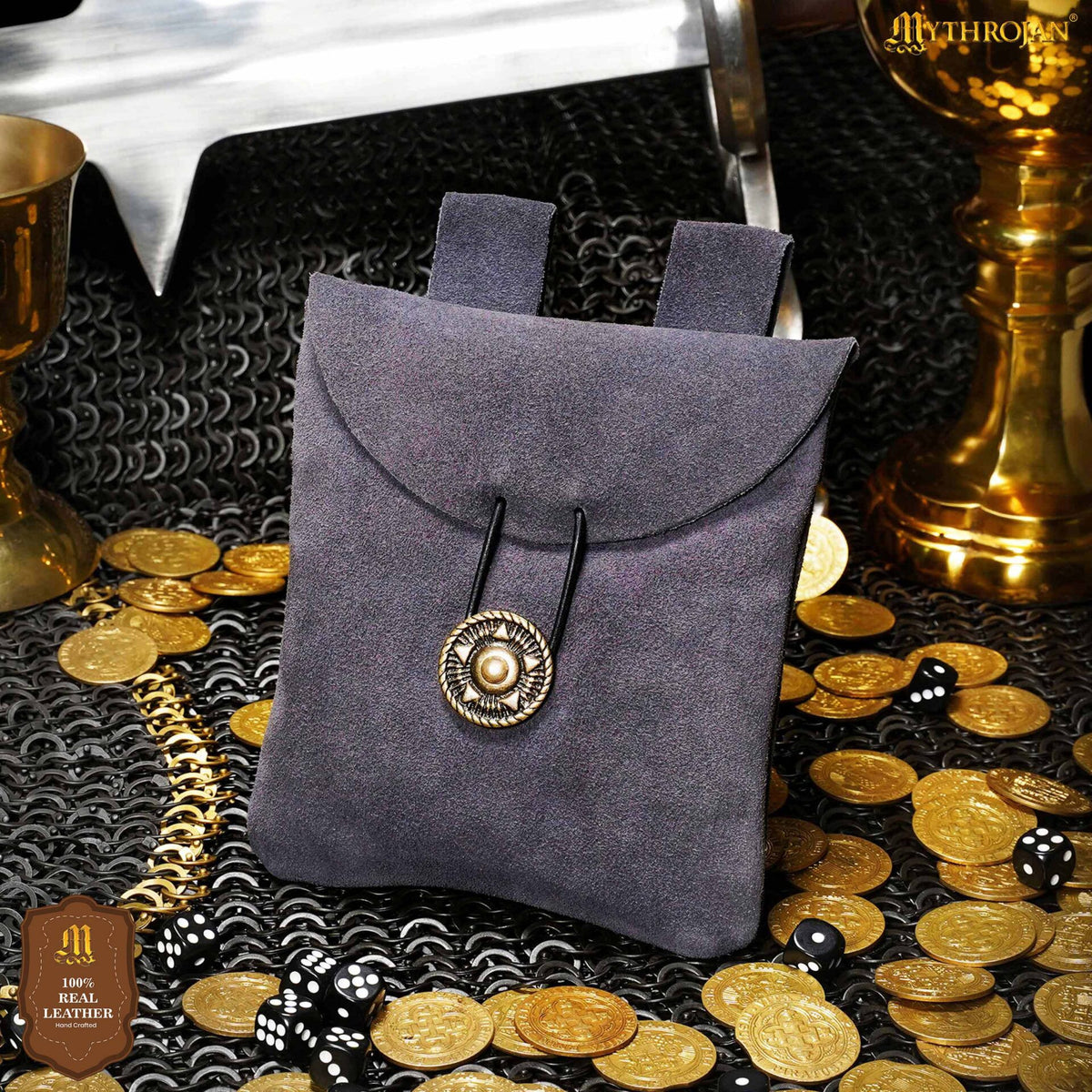 Bolso riñonera medieval piel de gamuza, color azul