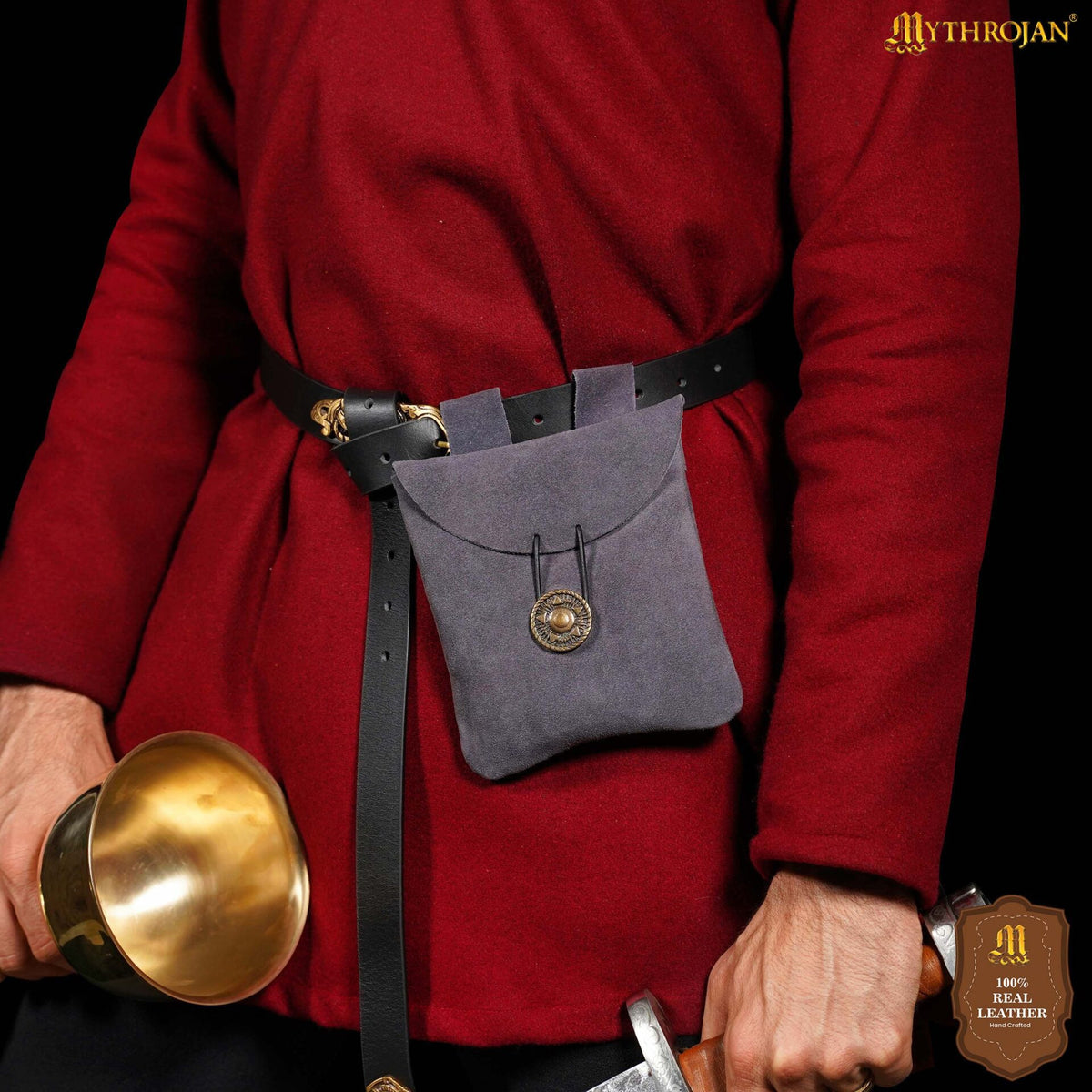 Bolso riñonera medieval piel de gamuza, color azul