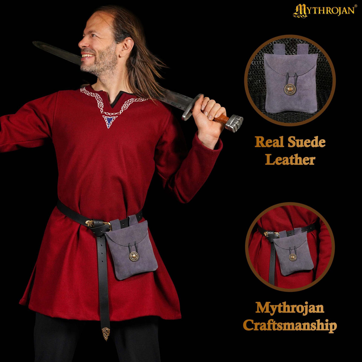 Bolso riñonera medieval piel de gamuza, color azul