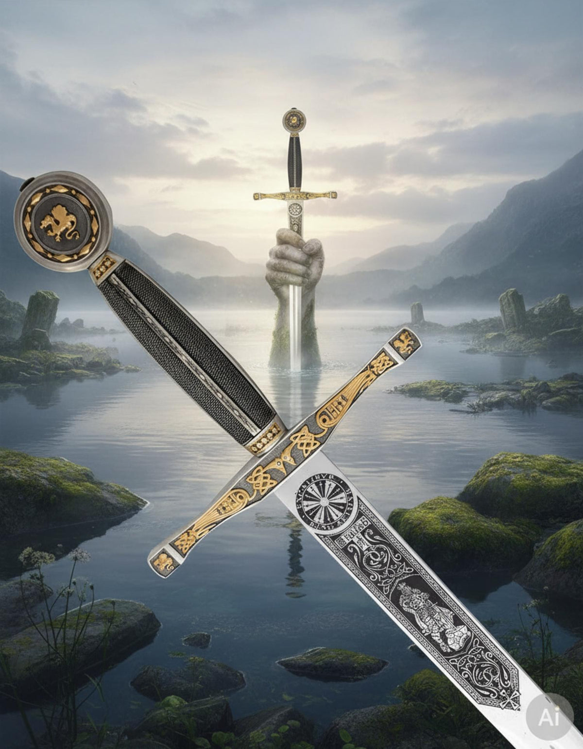 Espada Excalibur en acabados plateados y dorados, fabricada en Toledo-España