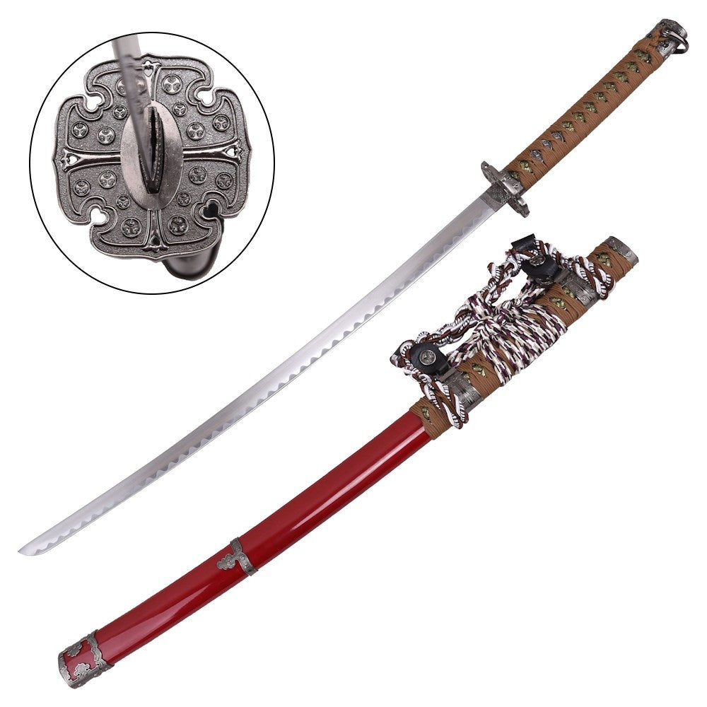 Katana decorativa Tradicional Japonesa cordón marrón-blanco plata