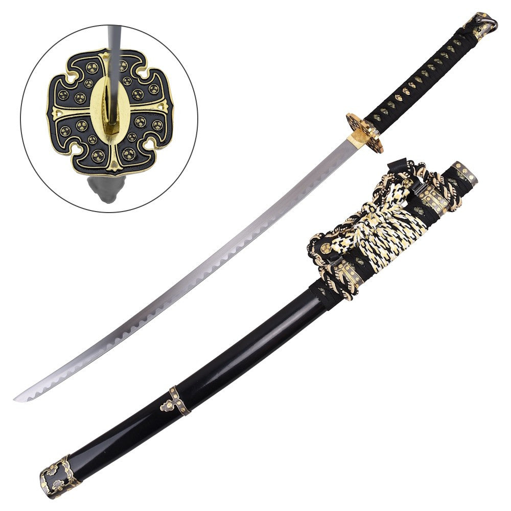 Katana decorativa Tradicional Japonesa negra, detalles latón