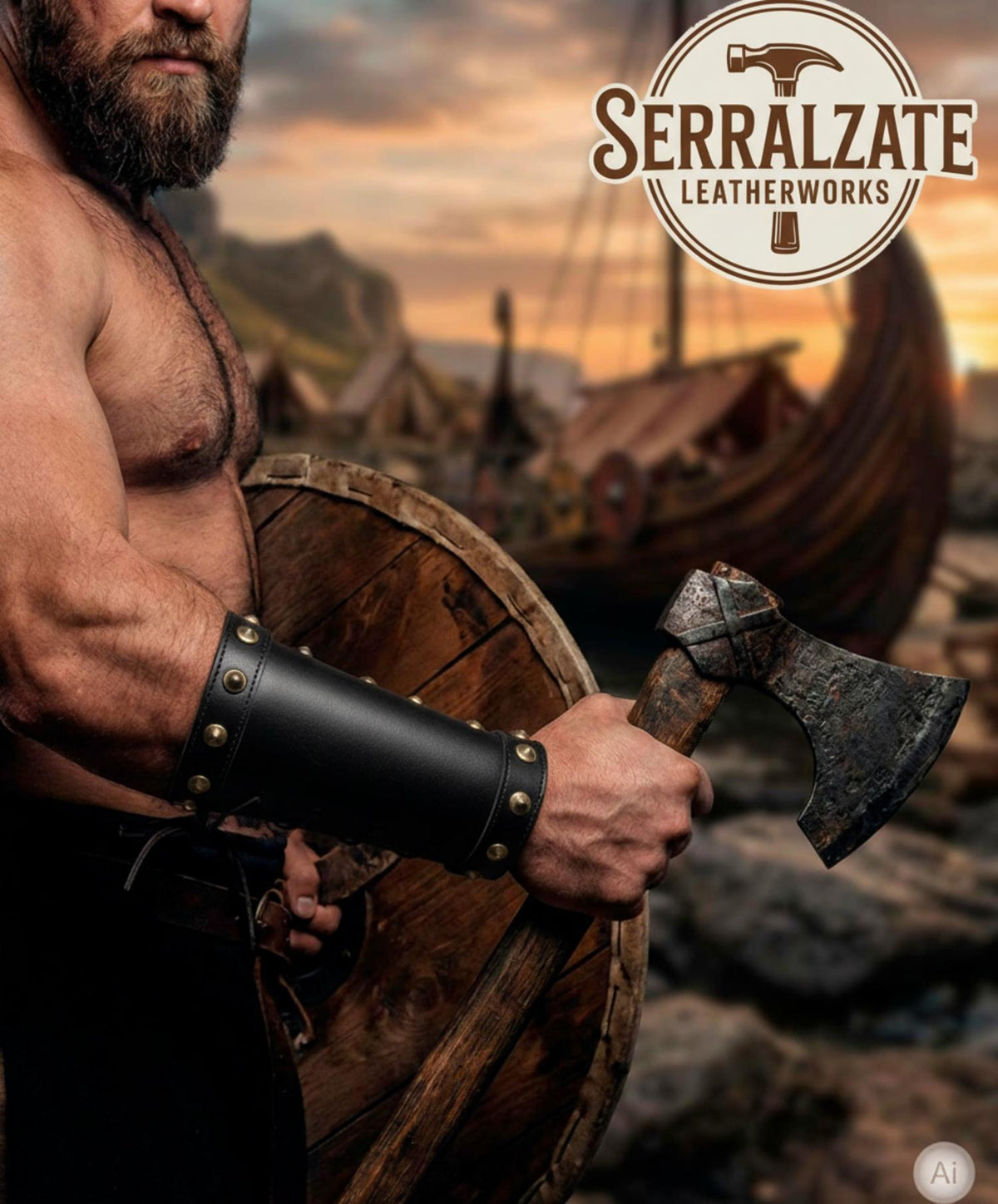 Brazaletes vikingos de cuero negro y tachuelas