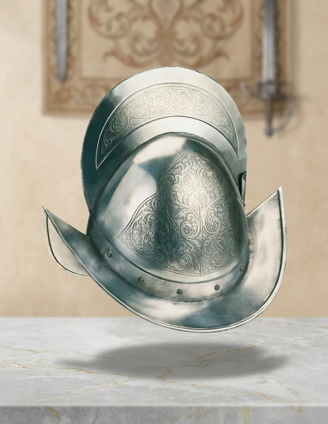 Capacete ornamentado con grabados_IA