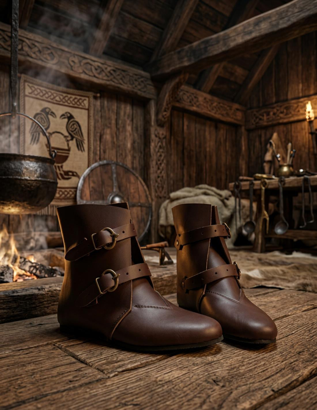 Botines Medievales de Cuero Marrón con Hebillas _IA