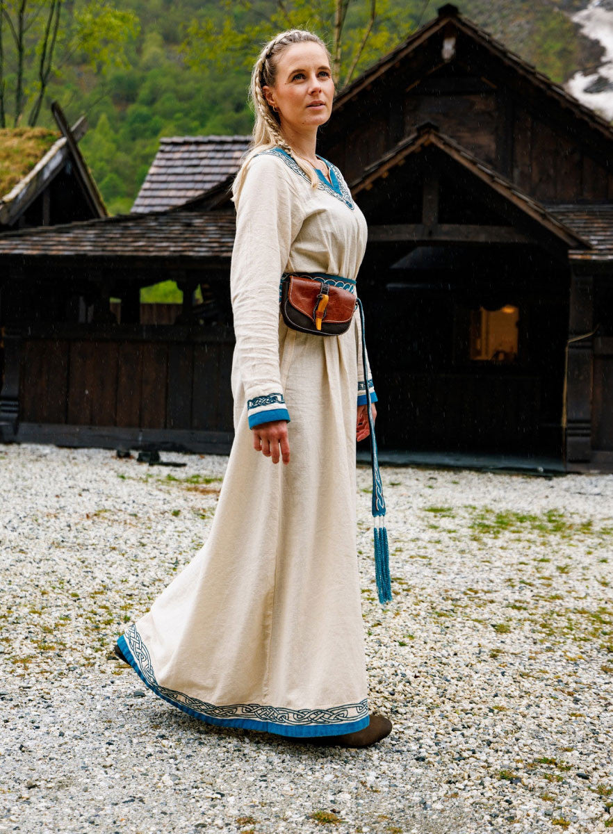 Vestido vikingo modelo Lagertha, bicolor natural-azul