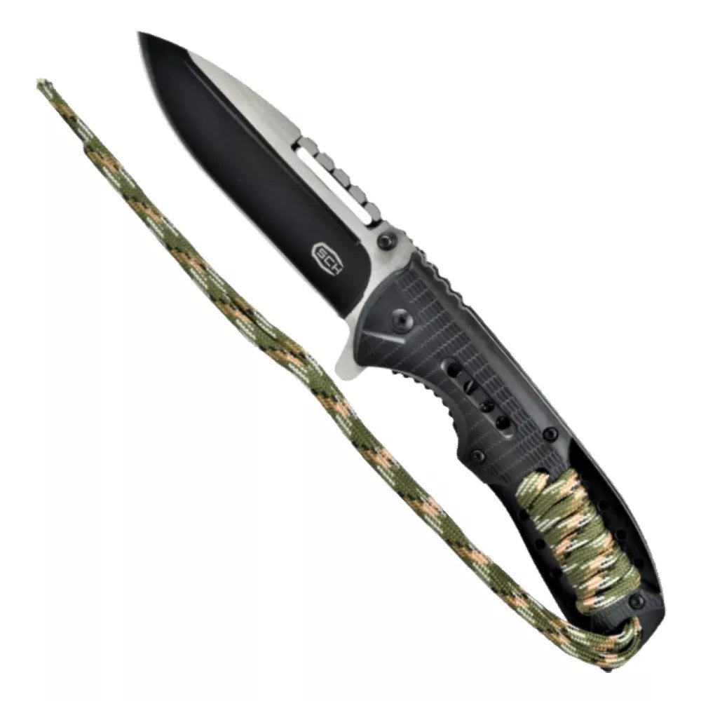 Navaja táctica empuñadura cordón verde camo (total 21,5 cm.)