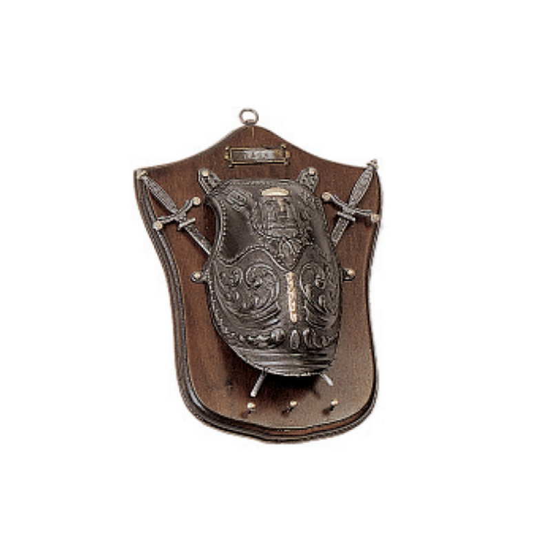 Panoplia medieval, tipo llavero, con 2 espadas y escudo (27x20 cm.)