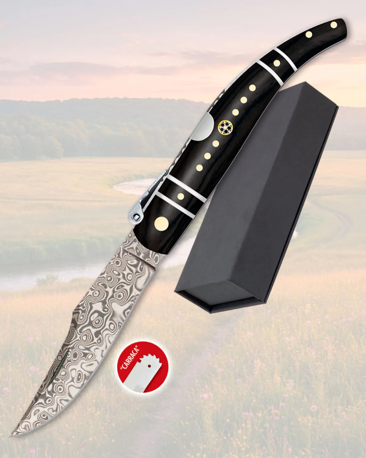 Navaja Damasco de colección, carraca, mango negro_IA