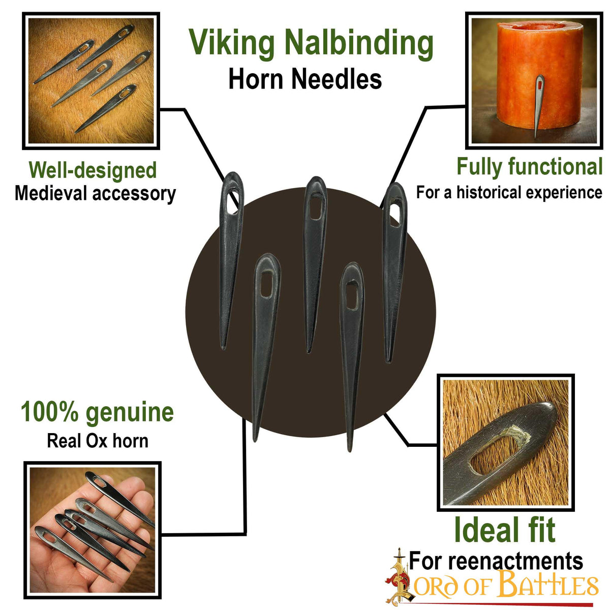 Set 5 agujas vikingas en cuerno (6 cm.)