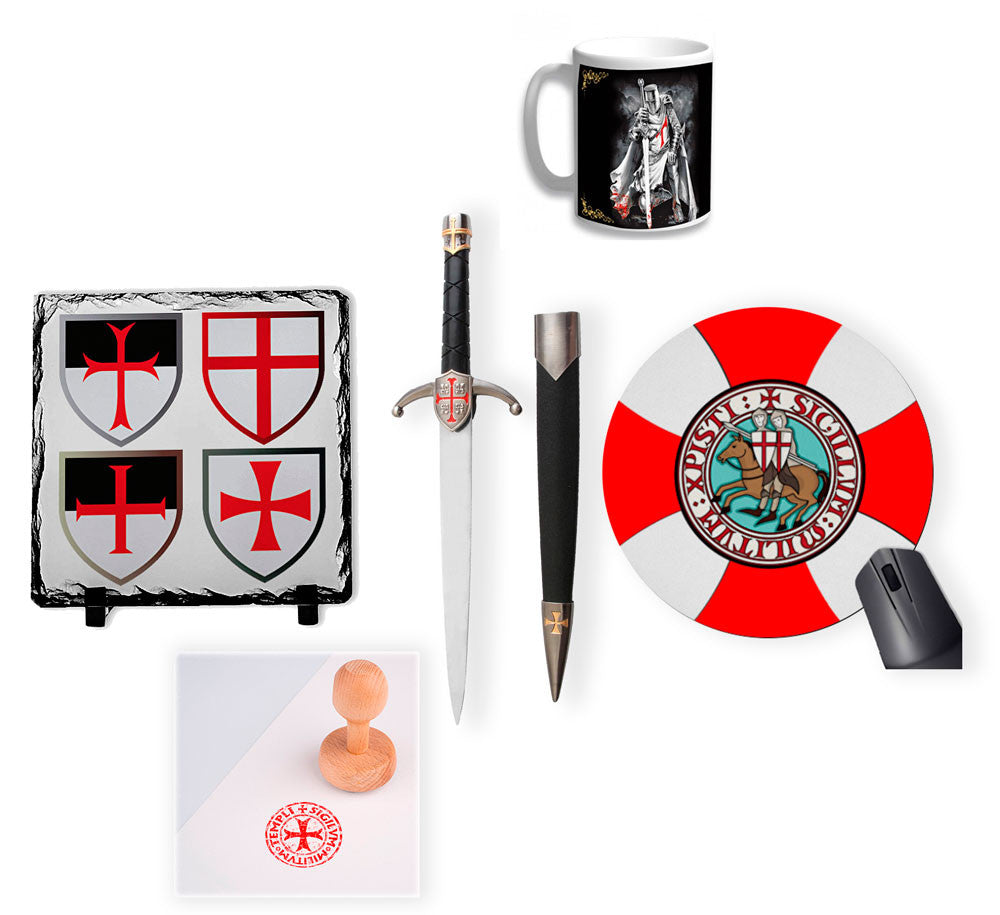 Pack escritorio templario: Sello y tampón, daga, taza, piedra pizarra y alfombrilla