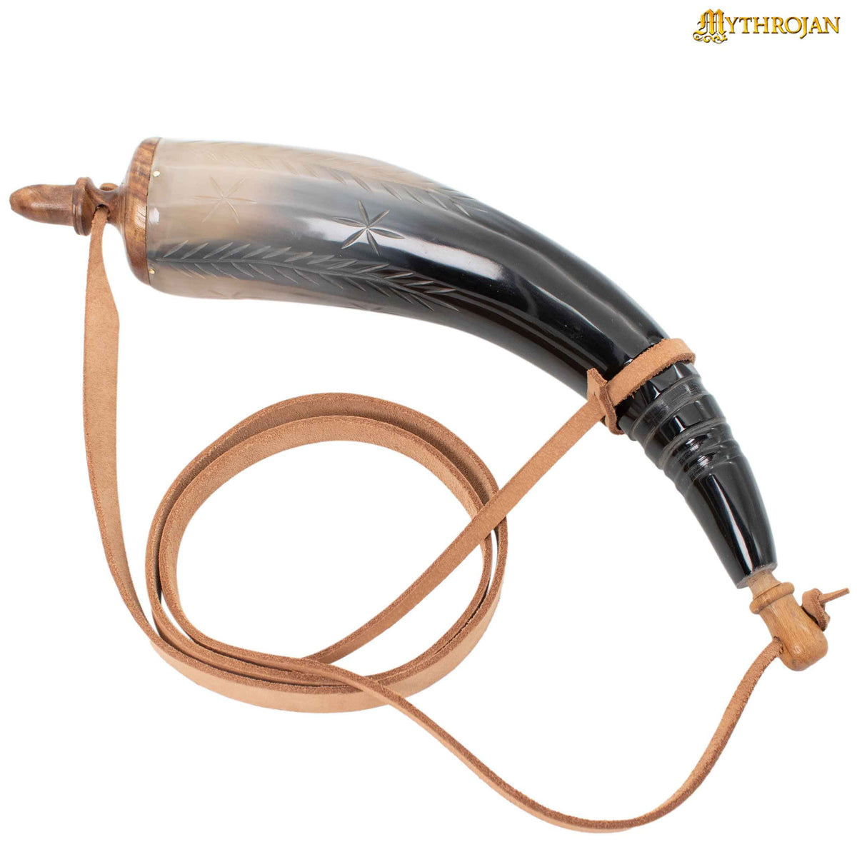 Polvorera medieval de cuerno auténtico con correa (36 cm.)